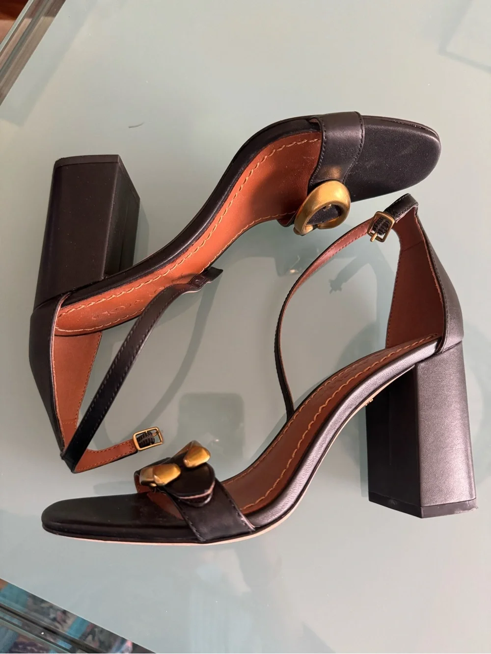 Coach Black Leather Block Heel Sandals with Gold Buckle - Picture 4 of 5